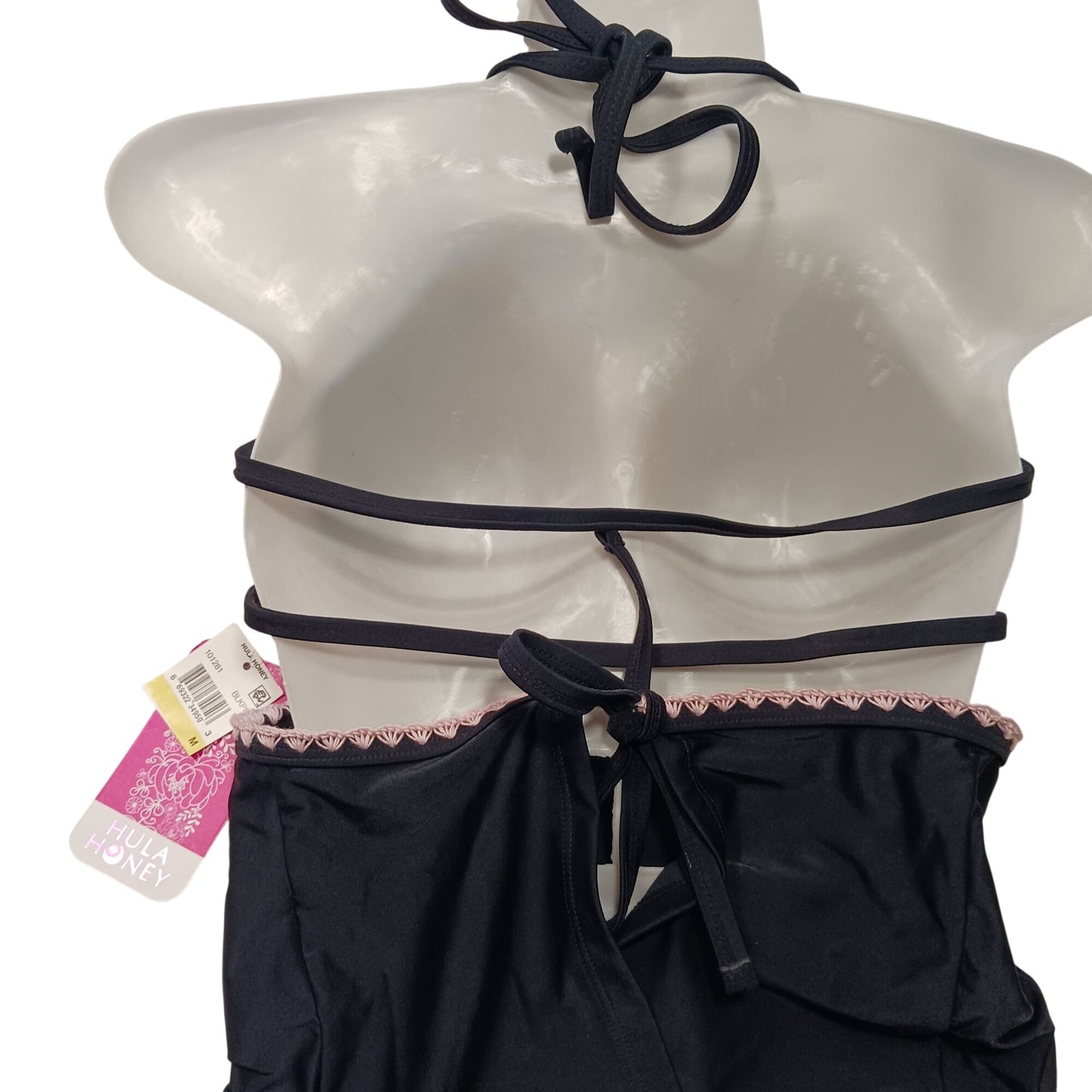 Hula Honey Womens Black & Pink Halter Tankini Swim Top With Crochet Trim - Size M