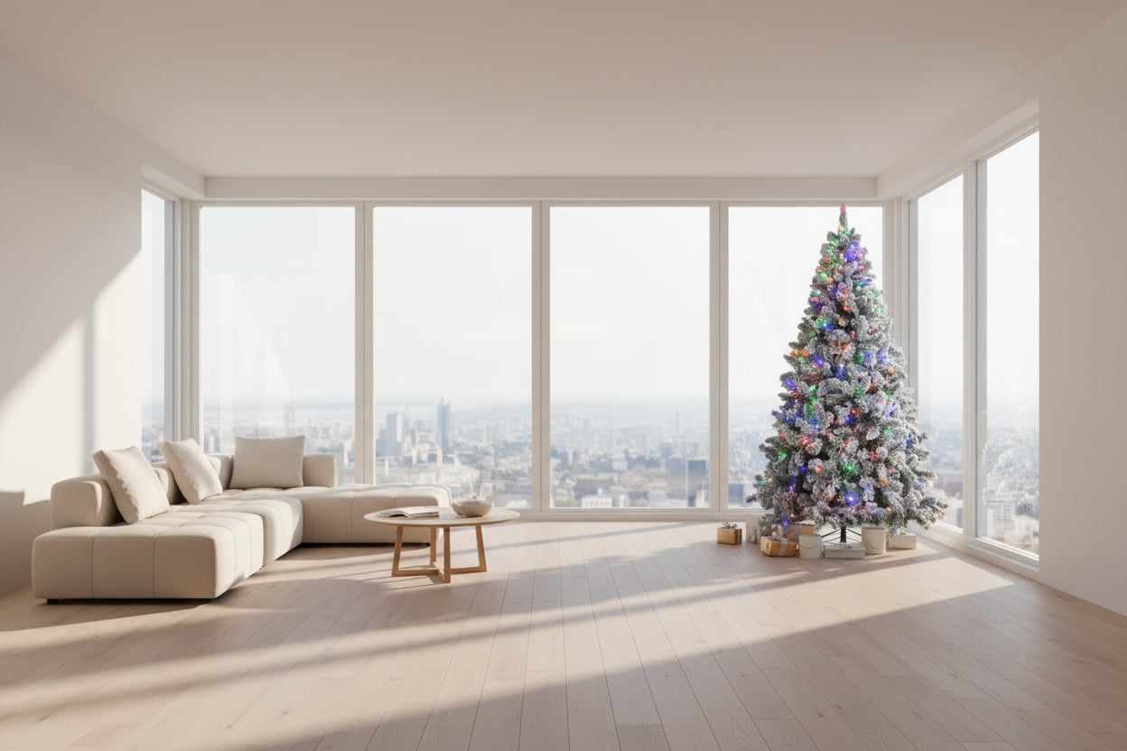 Decorated Christmas tree in a living room with lights and presents.