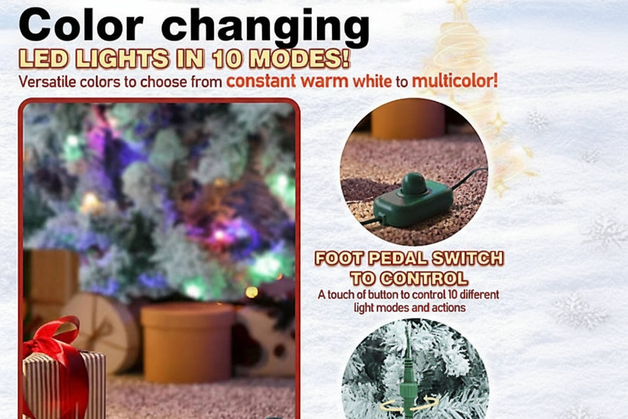 LED lights with foot pedal switch for multi-color changing in 10 modes, used on a Christmas tree.