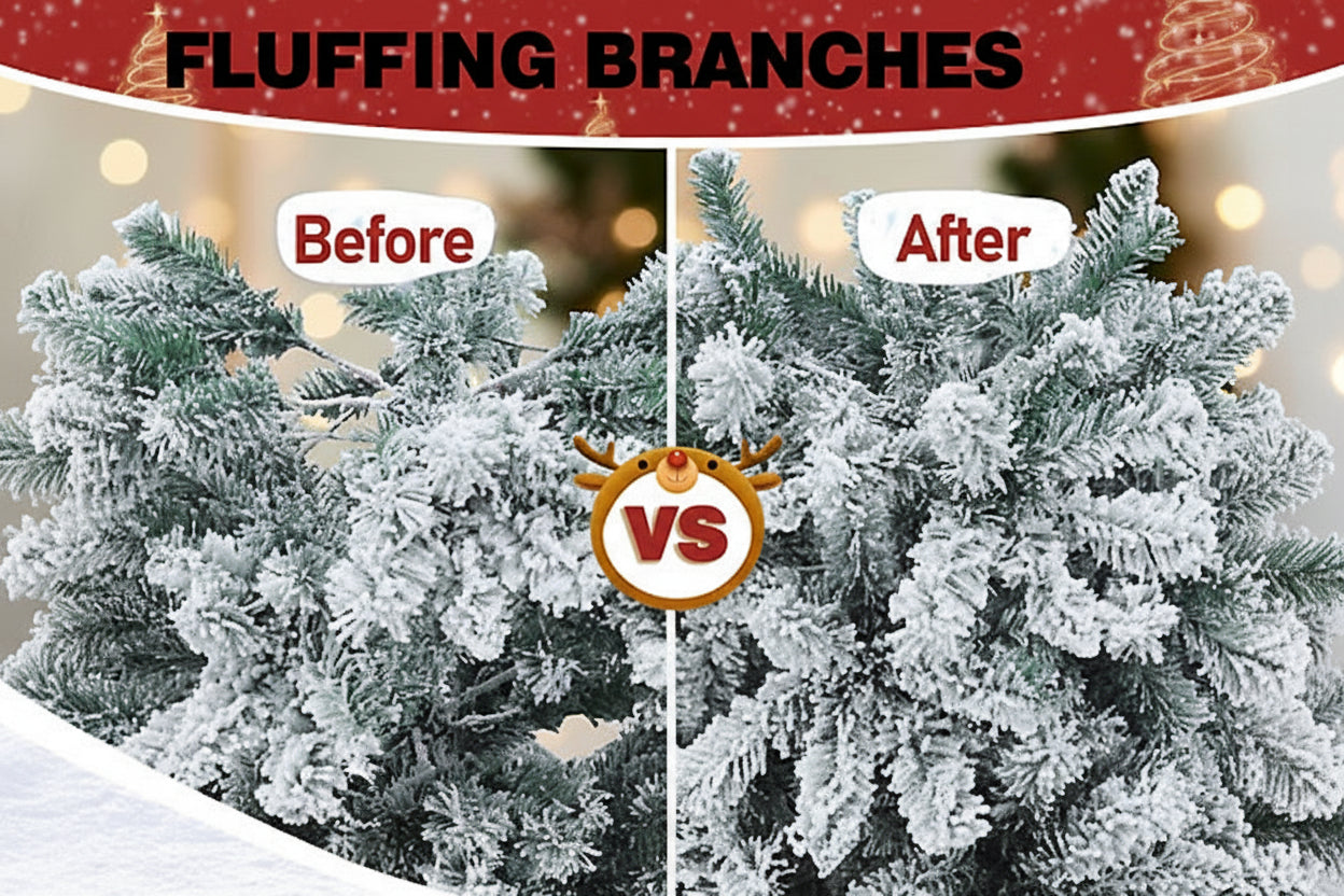 Comparison of a Christmas tree before and after fluffing branches with text and graphics.