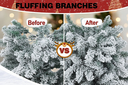 Comparison of a Christmas tree before and after fluffing branches with text and graphics.