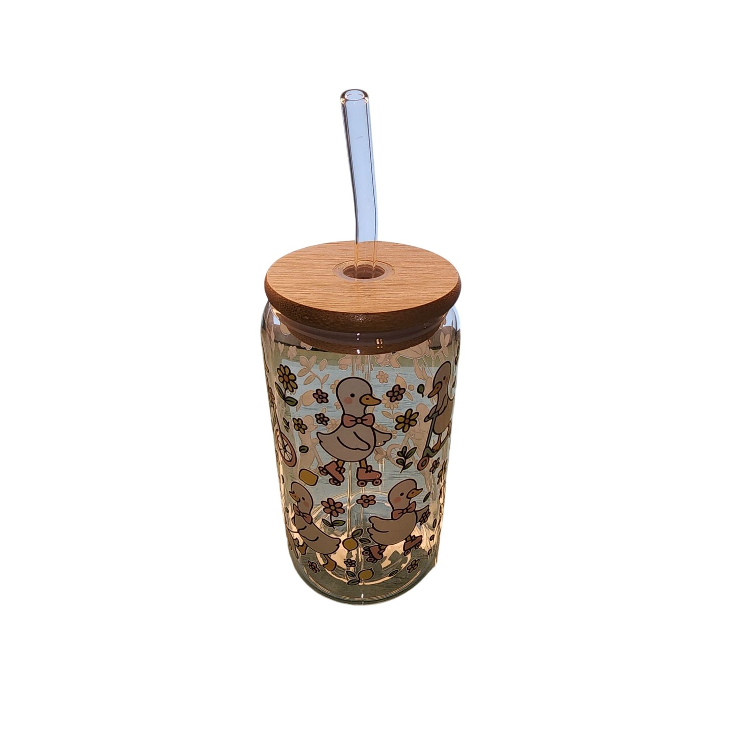 Handmade Glass Tumbler With Bamboo Lid & Straw - Spring Goose Roller Skating Design - Eco-Friendly Gift Ready Packaging
