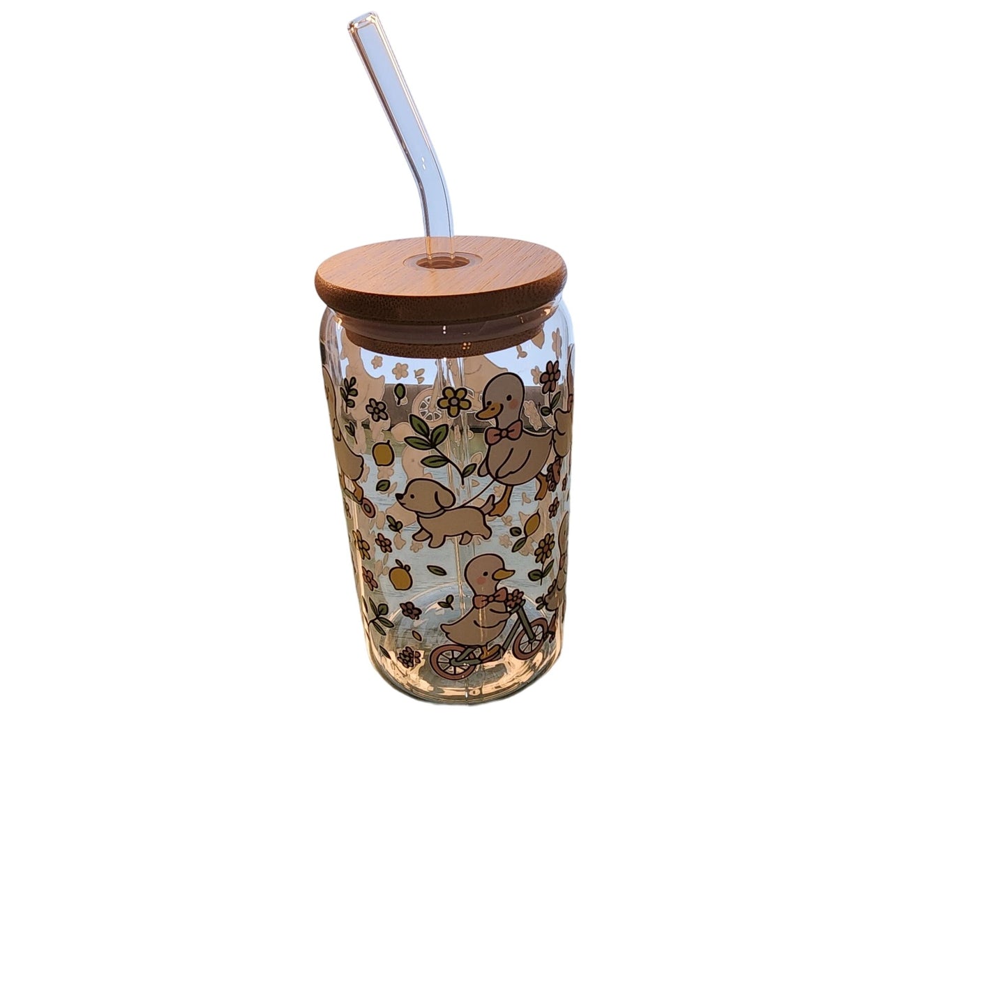 Handmade Glass Tumbler With Bamboo Lid & Straw - Spring Goose Roller Skating Design - Eco-Friendly Gift Ready Packaging