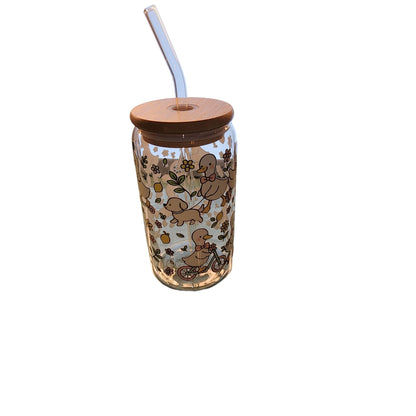 Handmade Glass Tumbler With Bamboo Lid & Straw - Spring Goose Roller Skating Design - Eco-Friendly Gift Ready Packaging