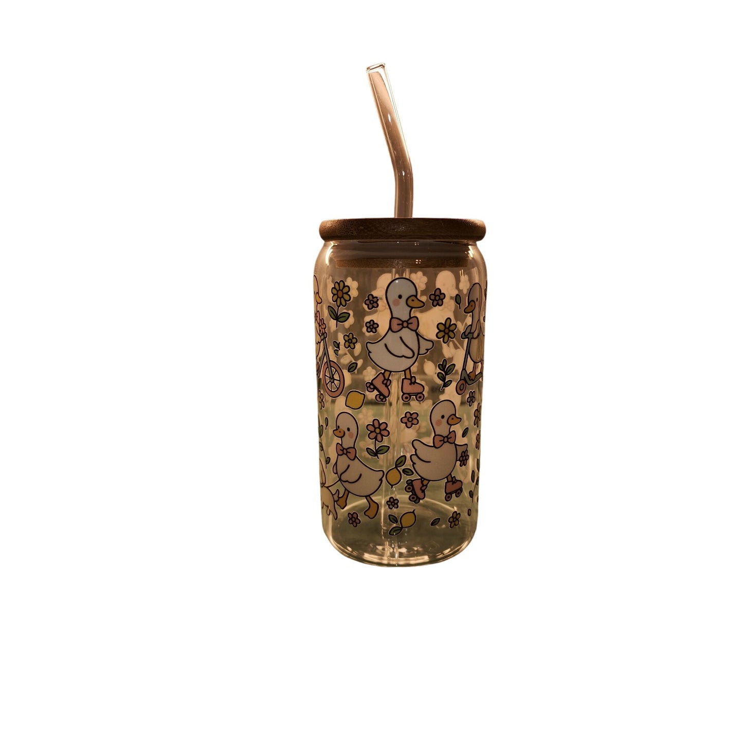 Handmade Glass Tumbler With Bamboo Lid & Straw - Spring Goose Roller Skating Design - Eco-Friendly Gift Ready Packaging