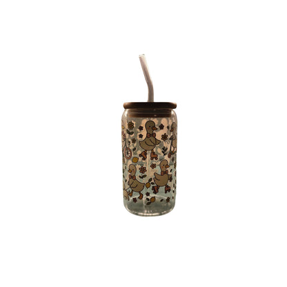 Handmade Glass Tumbler With Bamboo Lid & Straw - Spring Goose Roller Skating Design - Eco-Friendly Gift Ready Packaging
