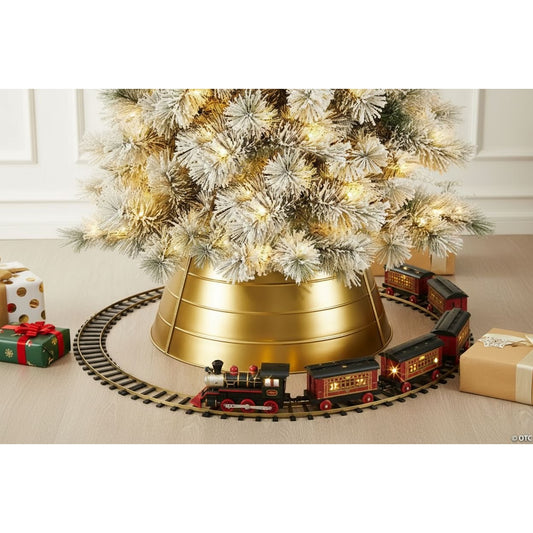 Glitzhome Metal Tree Collar Tree Base Cover 22" D Gold or Red featuring a train set around a Christmas tree.
