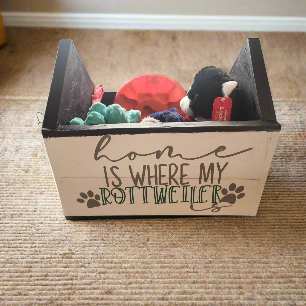 Personalized Dog Toy Storage Box "Paws Off My Toys" Rottweiler Design Wooden For Pet Organization