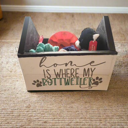 Personalized Dog Toy Storage Box "Paws Off My Toys" Rottweiler Design Wooden For Pet Organization
