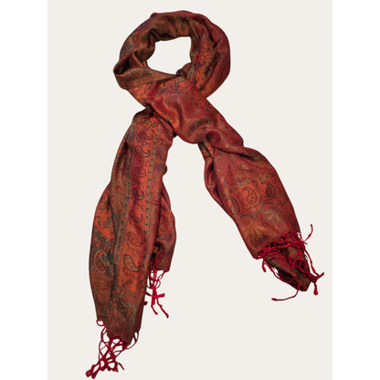 Vintage Paisley Red & Orange Woven Scarf With Fringe Lightweight