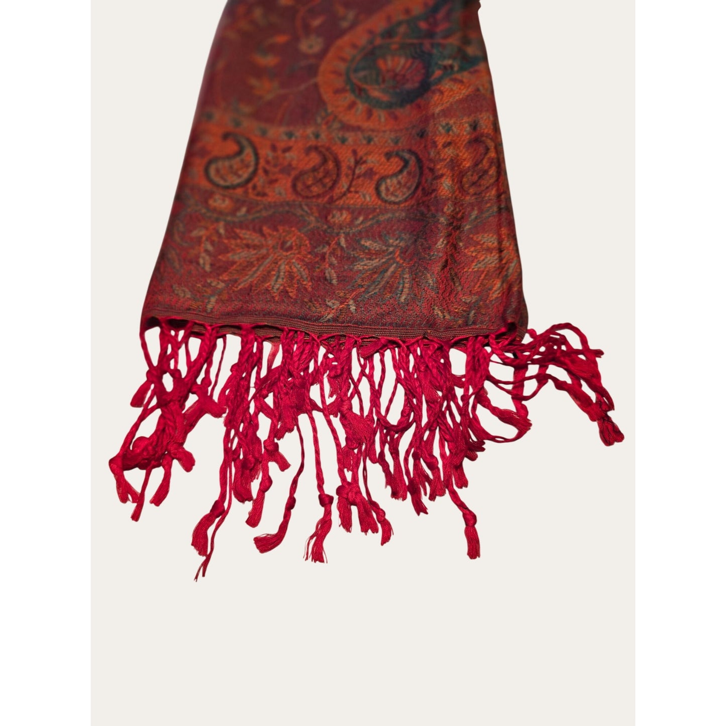 Vintage Paisley Red & Orange Woven Scarf With Fringe Lightweight
