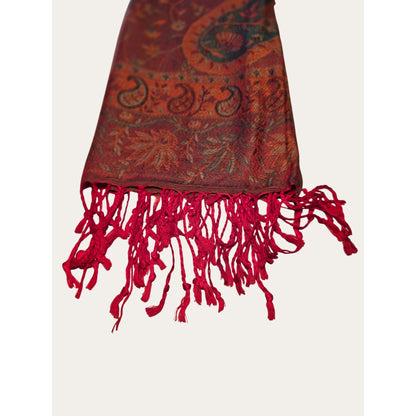 Vintage Paisley Red & Orange Woven Scarf With Fringe Lightweight