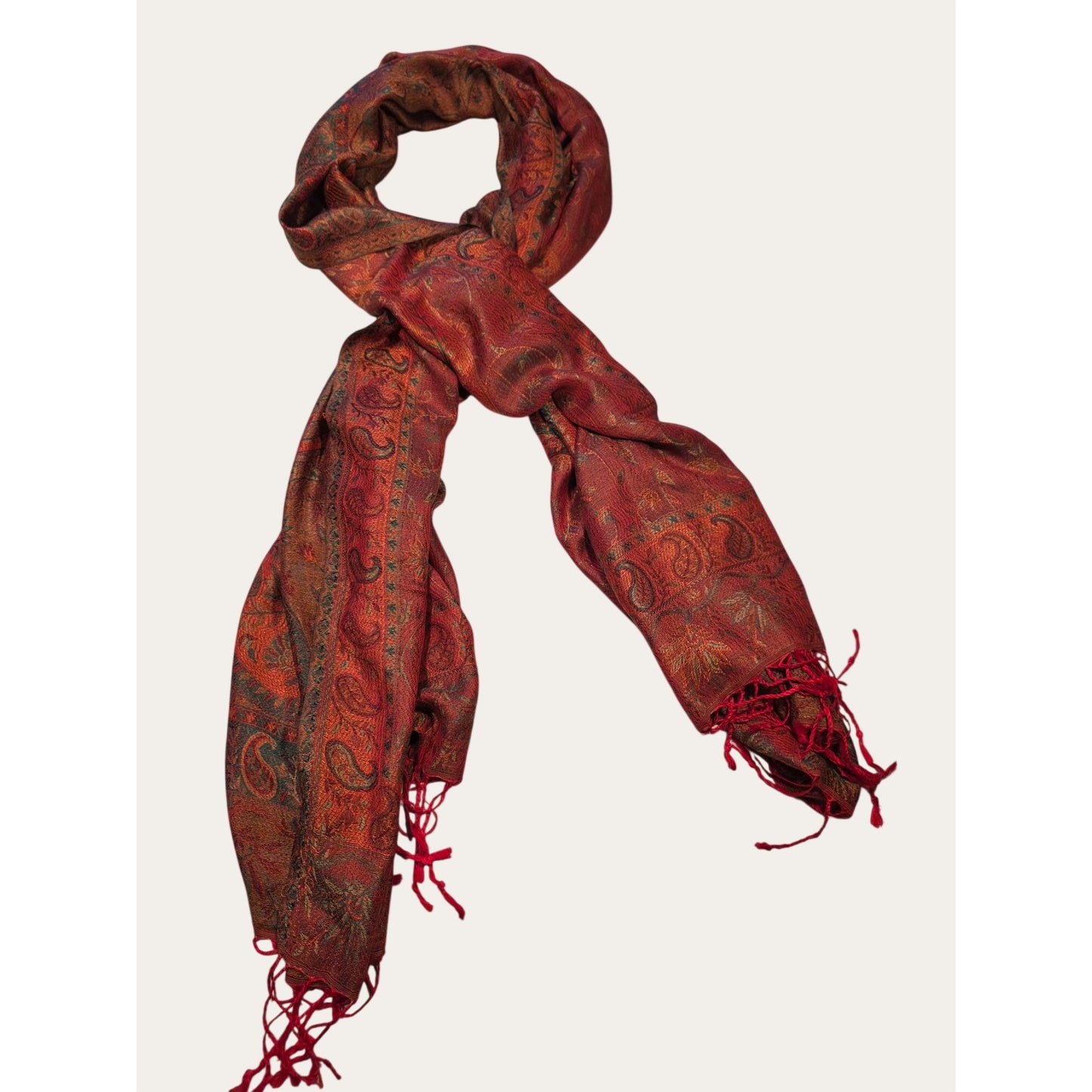 Vintage Paisley Red & Orange Woven Scarf With Fringe Lightweight