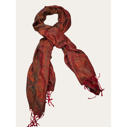 Vintage Paisley Red & Orange Woven Scarf With Fringe Lightweight