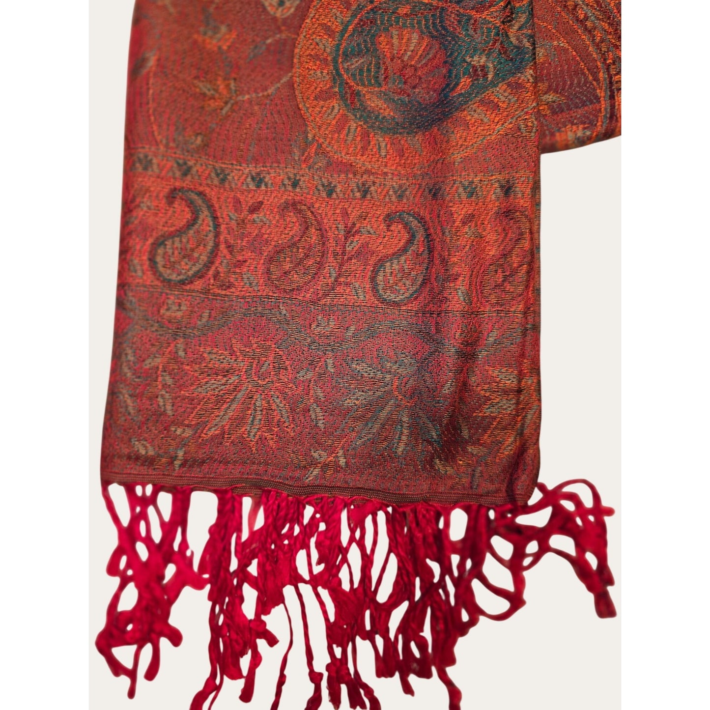 Vintage Paisley Red & Orange Woven Scarf With Fringe Lightweight