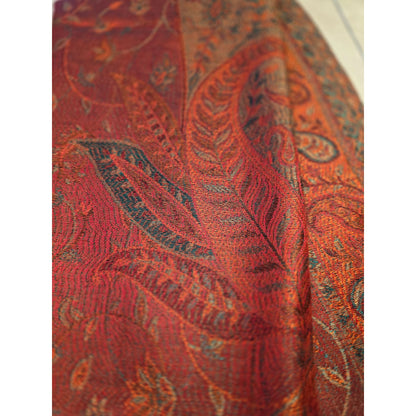 Vintage Paisley Red & Orange Woven Scarf With Fringe Lightweight