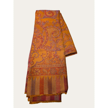 Paisley & Geometric Patterned Orange & Blue Lightweight Scarf Wrap With Fringe Edges