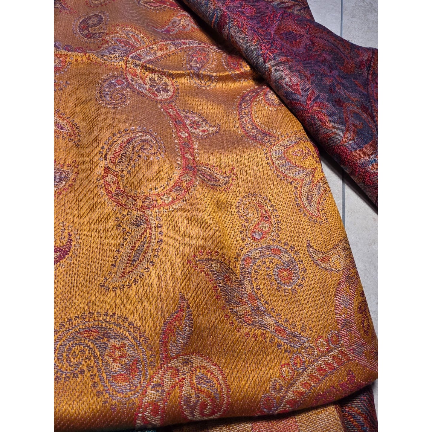 Paisley & Geometric Patterned Orange & Blue Lightweight Scarf Wrap With Fringe Edges