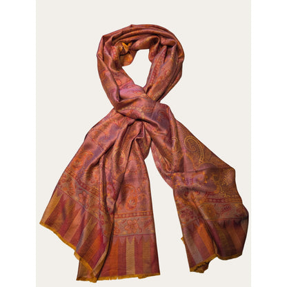 Paisley & Geometric Patterned Orange & Blue Lightweight Scarf Wrap With Fringe Edges