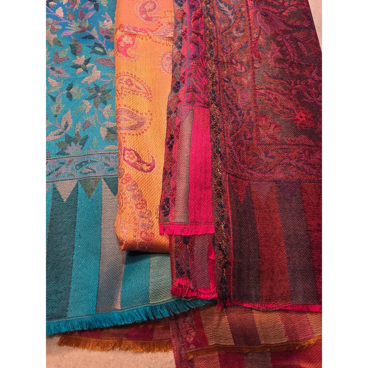 Paisley & Geometric Patterned Orange & Blue Lightweight Scarf Wrap With Fringe Edges
