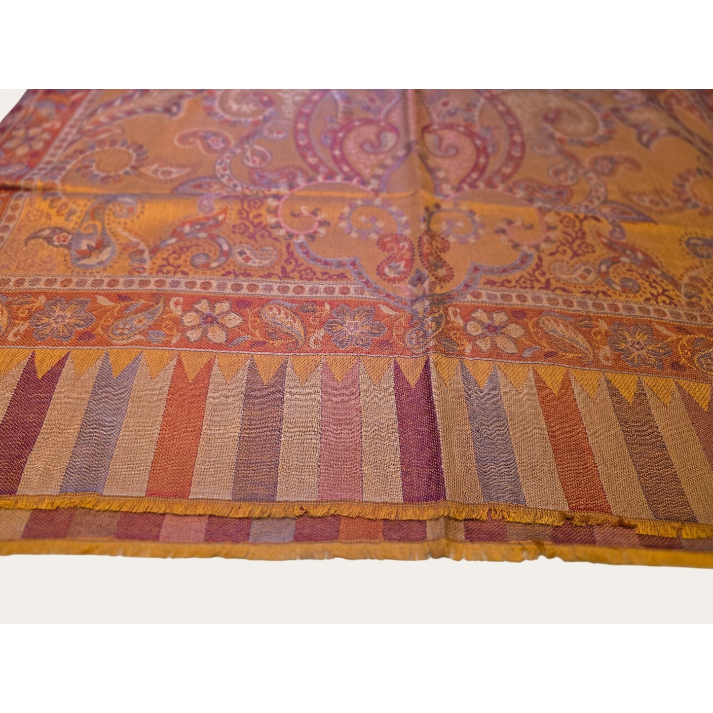 Paisley & Geometric Patterned Orange & Blue Lightweight Scarf Wrap With Fringe Edges