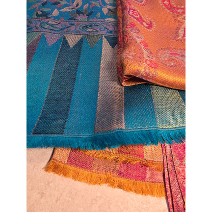 Paisley & Geometric Patterned Orange & Blue Lightweight Scarf Wrap With Fringe Edges