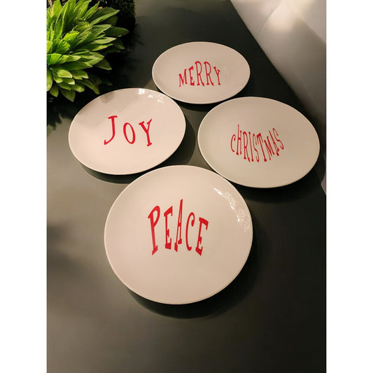 Set Of 4 Decoration Christmas Plates With Red Holiday Greetings - Joy Peace Merry Christmas