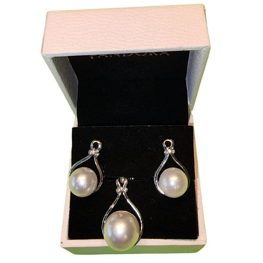 Sterling Silver & Faux Pearl Jewelry Set With Earrings & Pendant In Gift Box