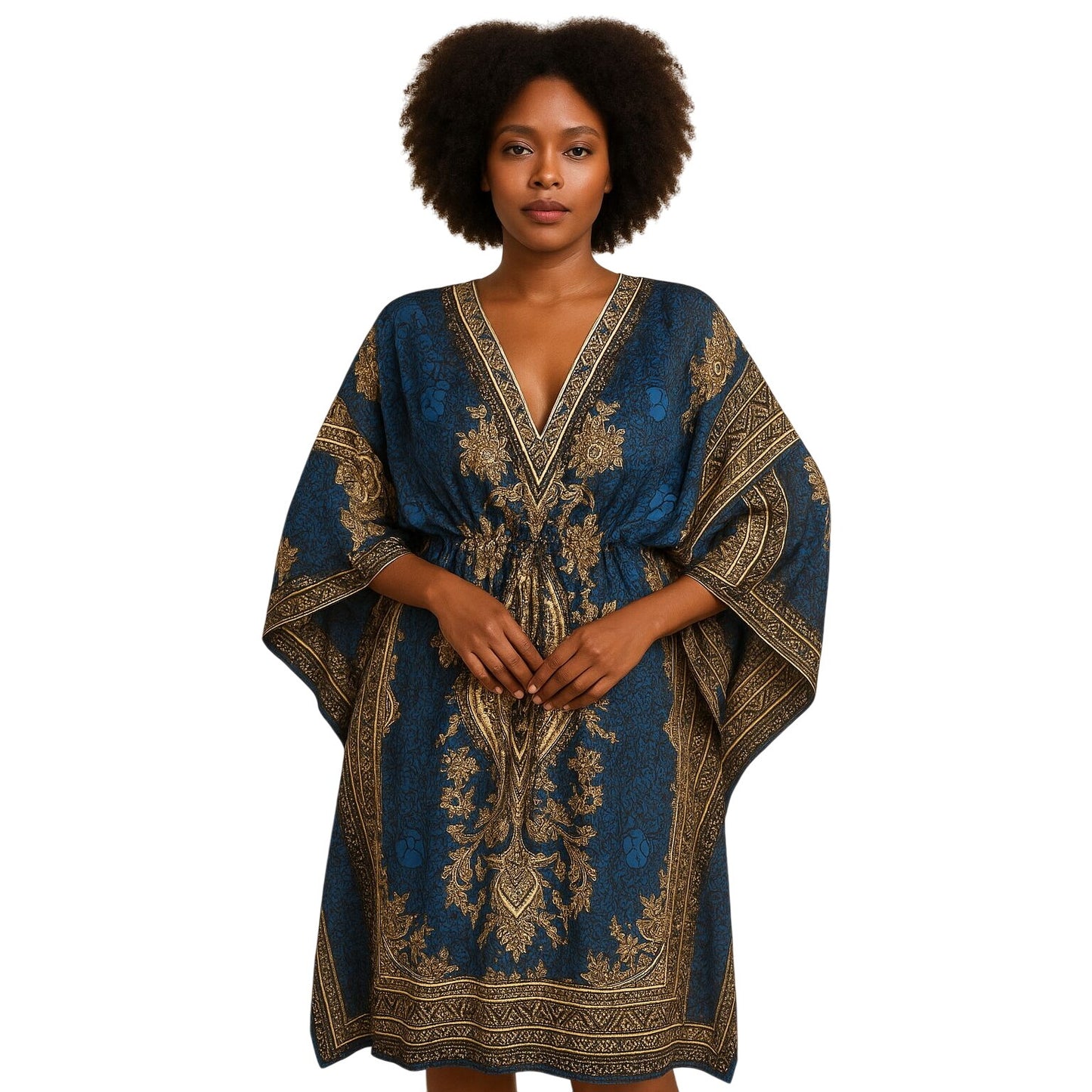Bohemian Kaftan Maxi Dress  Deep Blue & Gold Floral Print V-Neck Adjustable Waist Flowy Resort Wear