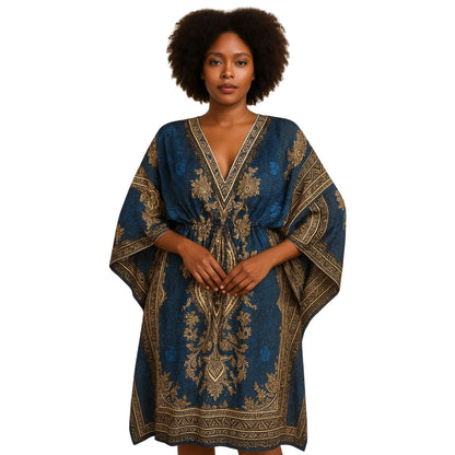Bohemian Kaftan Maxi Dress  Deep Blue & Gold Floral Print V-Neck Adjustable Waist Flowy Resort Wear