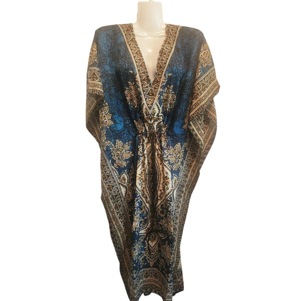 Bohemian Kaftan Maxi Dress  Deep Blue & Gold Floral Print V-Neck Adjustable Waist Flowy Resort Wear