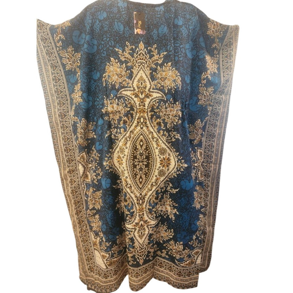 Bohemian Kaftan Maxi Dress  Deep Blue & Gold Floral Print V-Neck Adjustable Waist Flowy Resort Wear