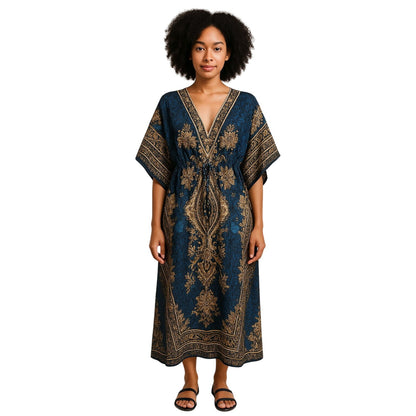 Bohemian Kaftan Maxi Dress  Deep Blue & Gold Floral Print V-Neck Adjustable Waist Flowy Resort Wear