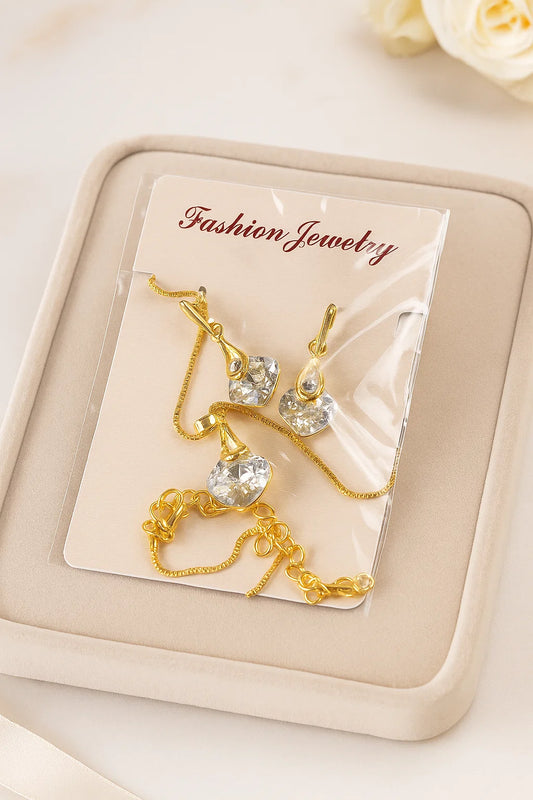 Gold-Tone Chain Necklace & Earrings Set With Clear Round Crystal Pendants