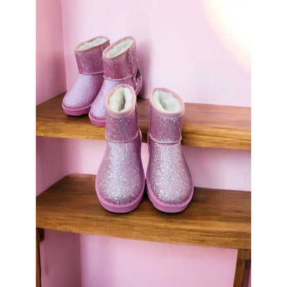 Kids Glittery Pink & Black Faux Fur Lined Mini Boots