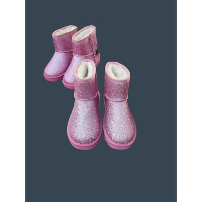 Kids Glittery Pink & Black Faux Fur Lined Mini Boots
