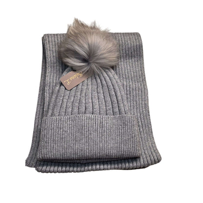 Ribbed Knit Winter Set With Faux Fur Pom Beanie & Scarf In Ivory or Gray