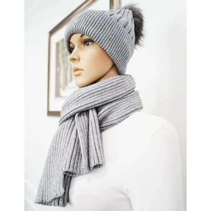 Ribbed Knit Winter Set With Faux Fur Pom Beanie & Scarf In Ivory or Gray