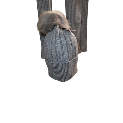 Ribbed Knit Winter Set With Faux Fur Pom Beanie & Scarf In Ivory or Gray
