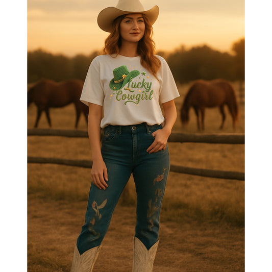 Lucky Cowgirl Western Graphic Tee – Women’s Country Rodeo Boutique Shirt