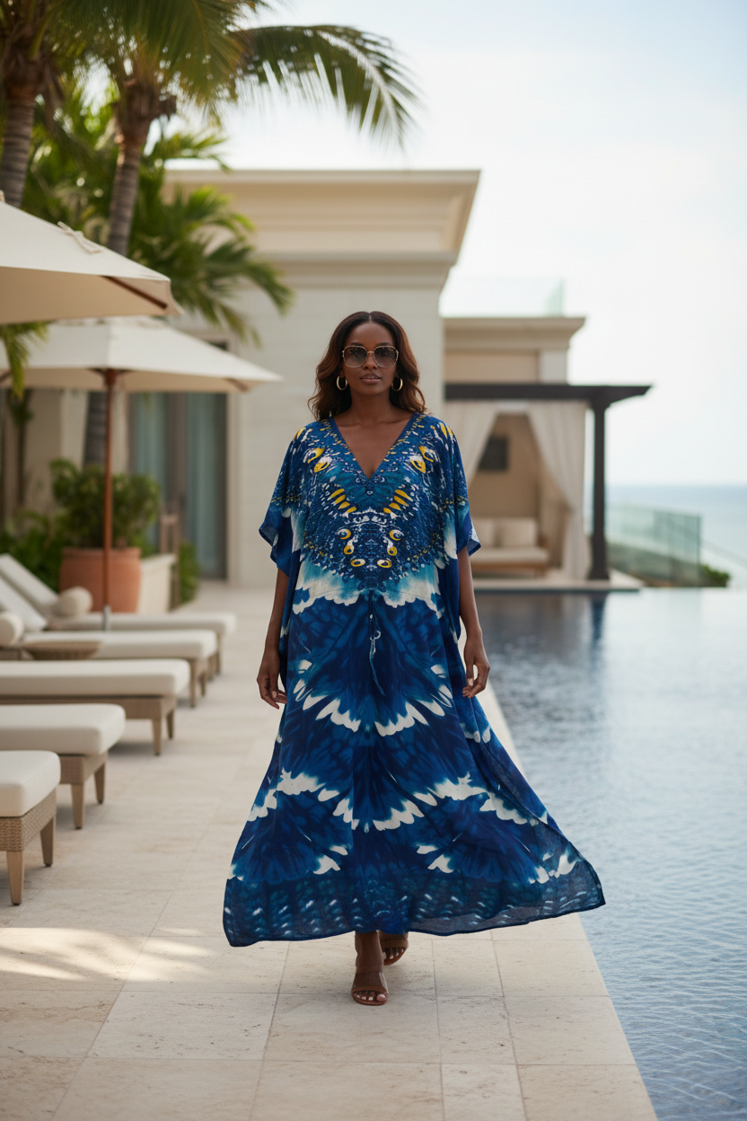 Woman in a blue patterned dress standing by a poolside with palm trees and a building in the background.
