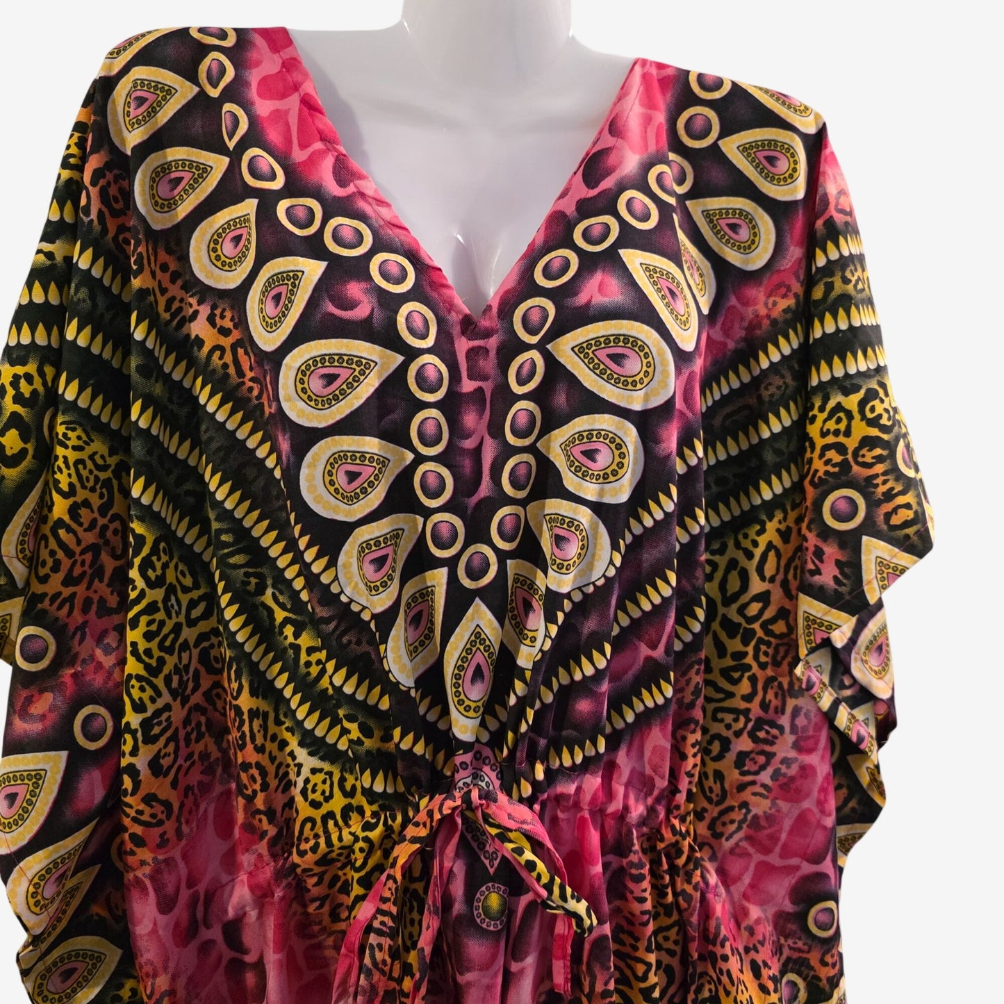 Boho-Style Womens Maxi Kaftan Dress With Drawstring Vibrant Animal & Abstract Print Lightweight Relaxed Fit Multicolor