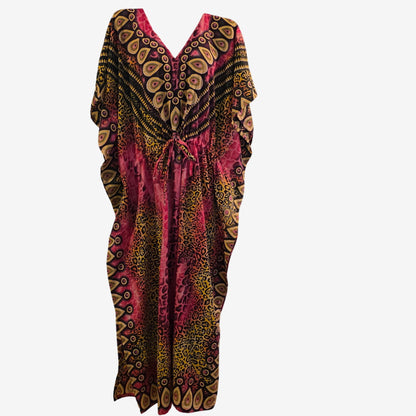 Boho-Style Womens Maxi Kaftan Dress With Drawstring Vibrant Animal & Abstract Print Lightweight Relaxed Fit Multicolor