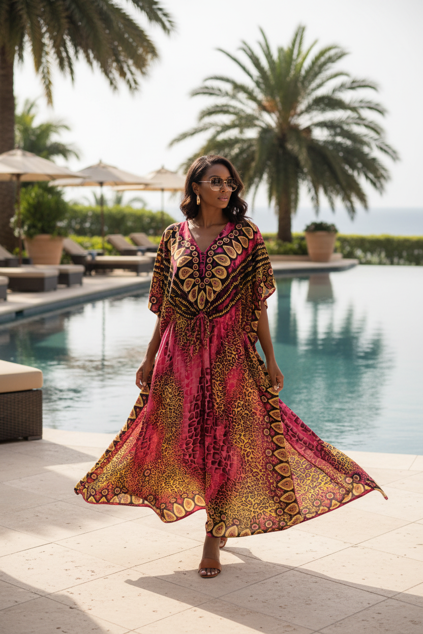Boho-Style Womens Maxi Kaftan Dress With Drawstring Vibrant Animal & Abstract Print Lightweight Relaxed Fit Multicolor
