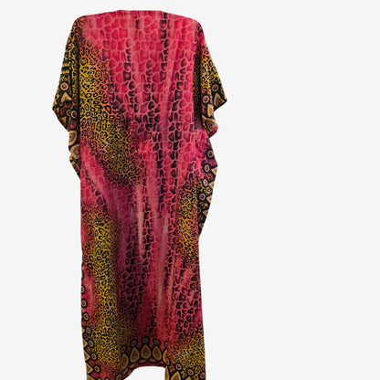 Boho-Style Womens Maxi Kaftan Dress With Drawstring Vibrant Animal & Abstract Print Lightweight Relaxed Fit Multicolor