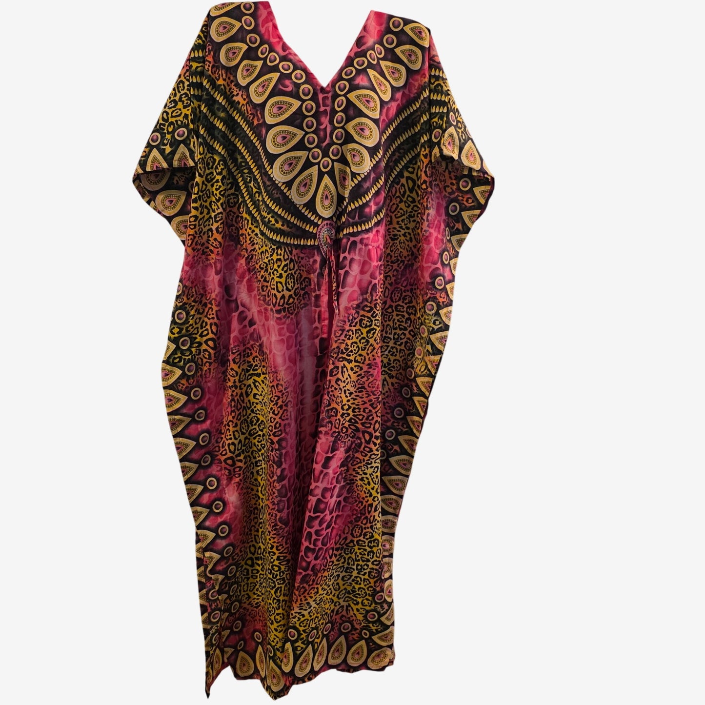 Boho-Style Womens Maxi Kaftan Dress With Drawstring Vibrant Animal & Abstract Print Lightweight Relaxed Fit Multicolor