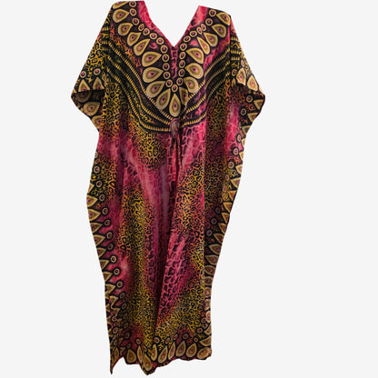 Boho-Style Womens Maxi Kaftan Dress With Drawstring Vibrant Animal & Abstract Print Lightweight Relaxed Fit Multicolor