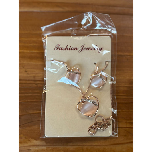 Rose Gold Necklace & Earrings Set With Pink Stone & Rhinestones