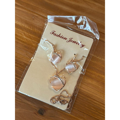 Rose Gold Necklace & Earrings Set With Pink Stone & Rhinestones