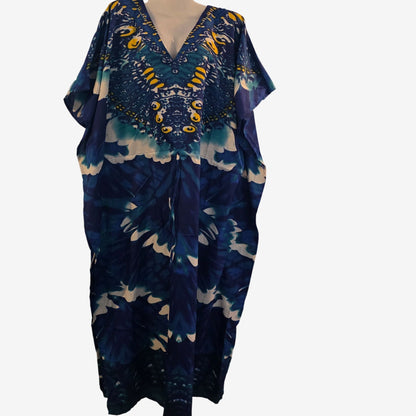 Womens Boho Kaftan Dress Flowy Resort Lounge Caftan Cover Up Blue & Yellow Abstract Pattern